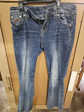 Miss Me Blue Faded Bootcut Jeans with Embroidered Pockets
